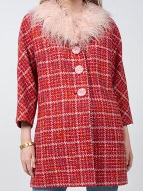 Ivy Jane Plaid Wool-Blend Coat with Pink Faux-Fur Collar Size XL